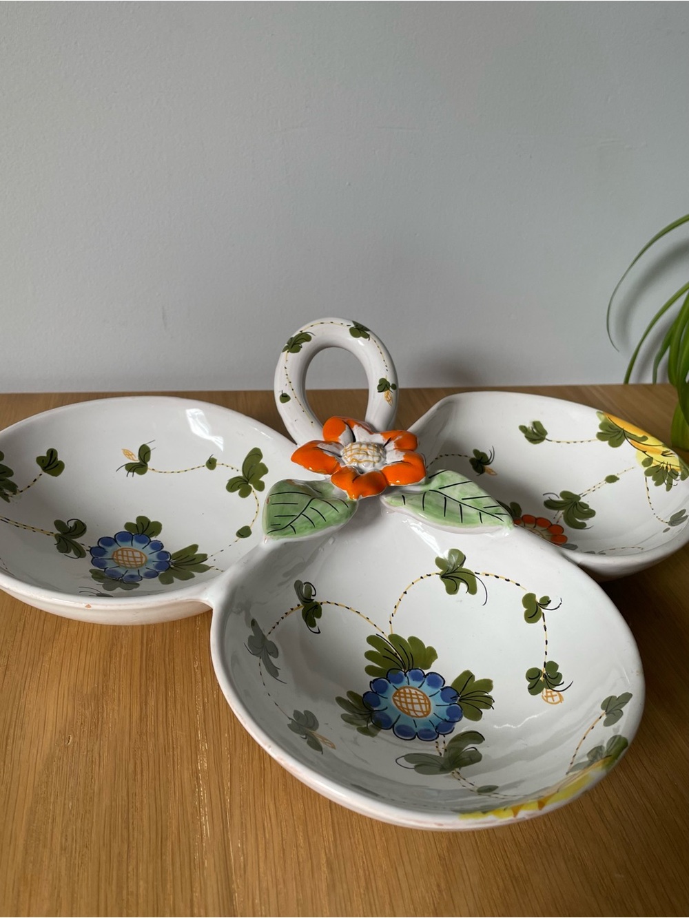 Vintage 1970s Italian Hand-Painted Floral Ceramic Triple Divided Dish